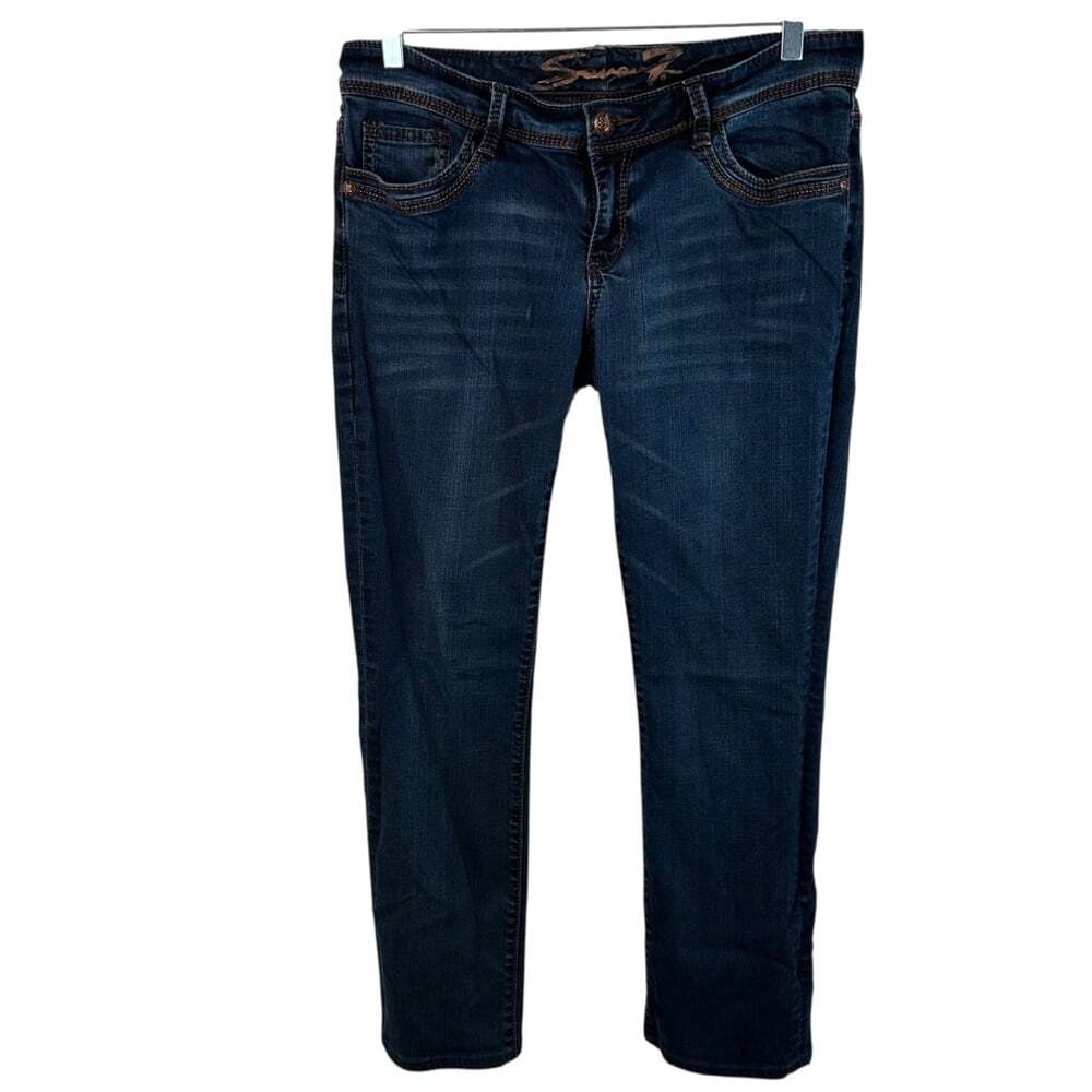Seven7 Jeans Blue Skinny Low Rise Denim Jeweled Back Pocket Creased Wash Size 8